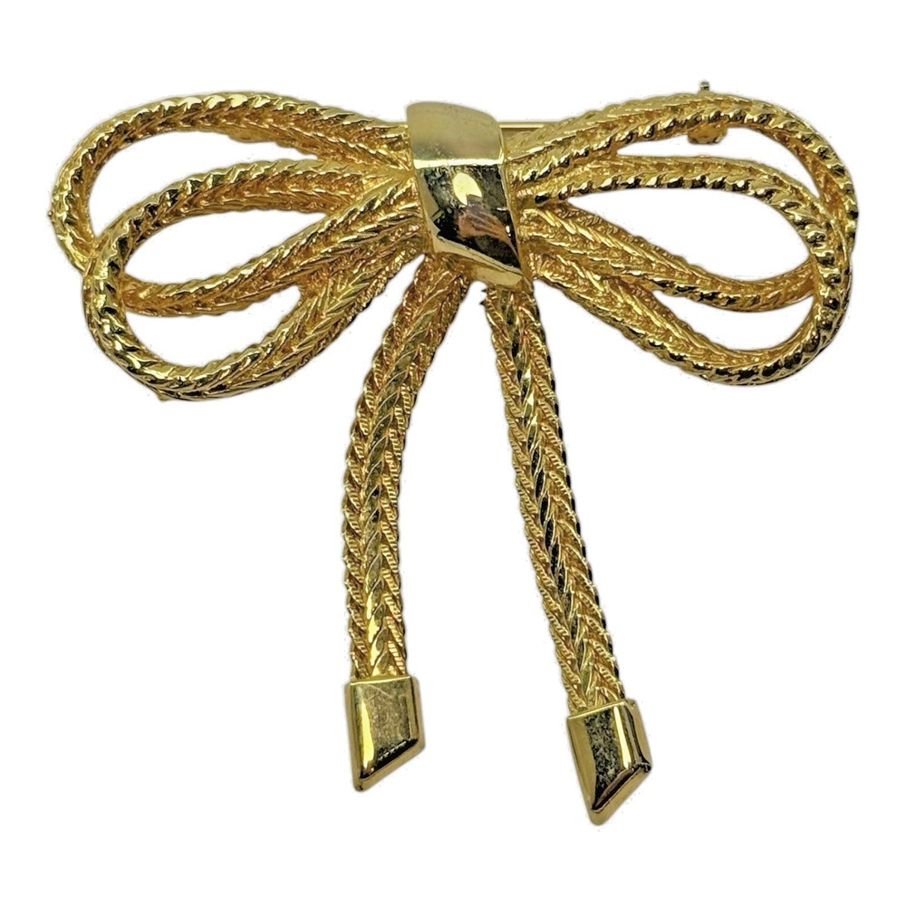 Vintage Gold Tone Rope Bow Brooch Dangling Ends Braided Loop Textured Pin